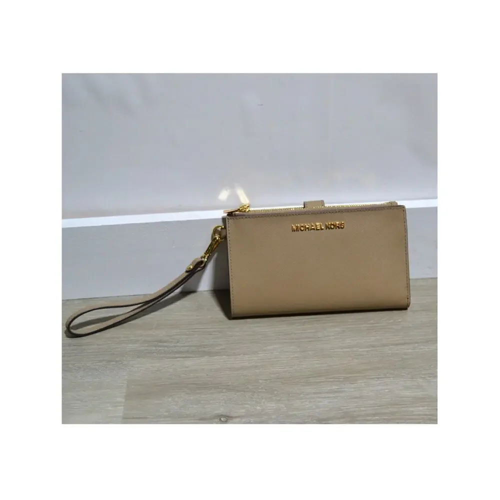 Michael Kors Jet Set Tan Leather Double Zip Phone Case Wallet Wristlet